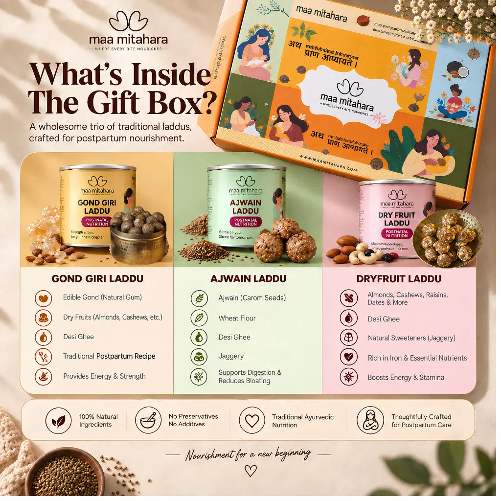 Promotional infographic for the Maa Mitahara postpartum gift box, showing the colorful branded box, three product tins (Gond Giri Laddu, Ajwain Laddu, Dryfruit Laddu), ingredient photos, and feature callouts in Hindi.